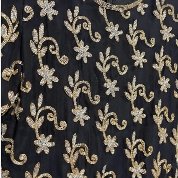 Vintage Beaded Silk Top Gold Black Short Sleeves M - Picture 3 of 6
